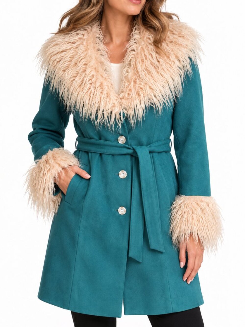 QUEEN THE LABEL LA Woman Penny Lane Coat Teal Green Sz 8 Faux Fur Trim Belted